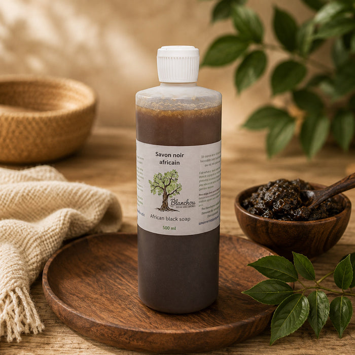Savon noir africain liquide 500 ml  artisanal de La Savonnerie Blanchou présenté dans une ambiance naturelle chaleureuse avec feuillage et texture végétale