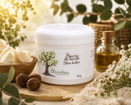 Pot de beurre de karité pur 50 g de La Savonnerie Blanchou présenté dans un décor naturel avec noix de karité, huile végétale et feuillage, idéal pour hydrater et nourrir la peau.