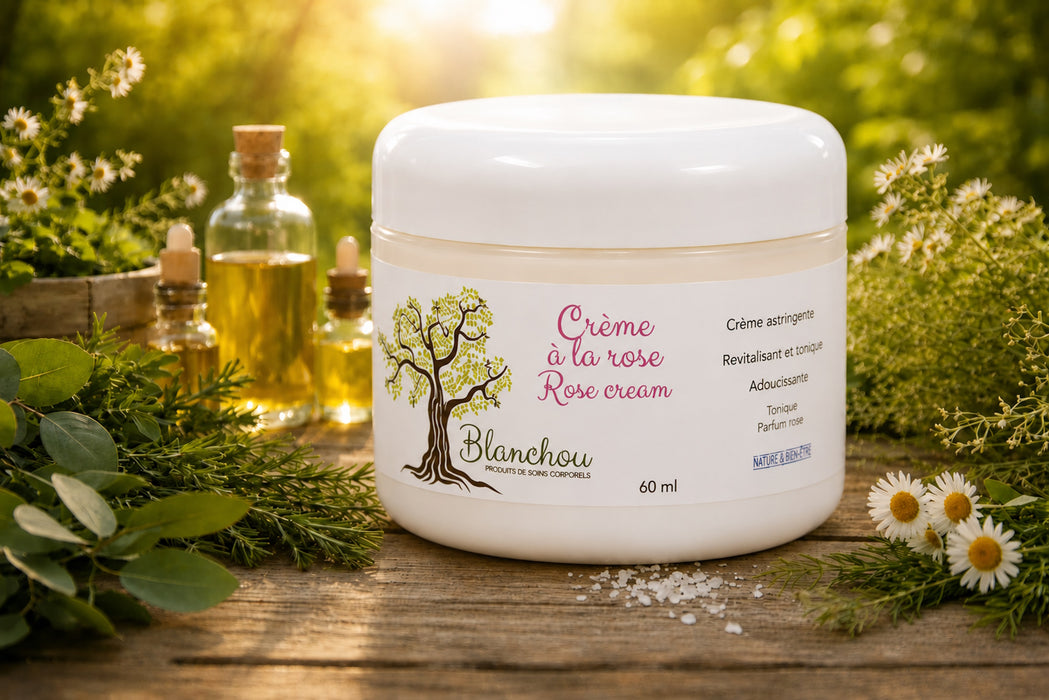 crème à la rose artisanale fabriquée à Cowansville par La Savonnerie Blanchou, présentée dans un pot de 60 ml et dans un décor naturel lumineux avec huiles végétales et végétation fraîche.