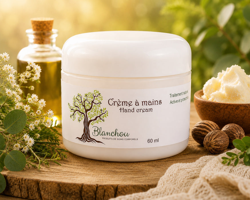Crème à mains artisanale fabriquée à Cowansville par La Savonnerie Blanchou, présentée dans un pot de 60 ml et dans un décor naturel lumineux avec huiles végétales et végétation fraîche.