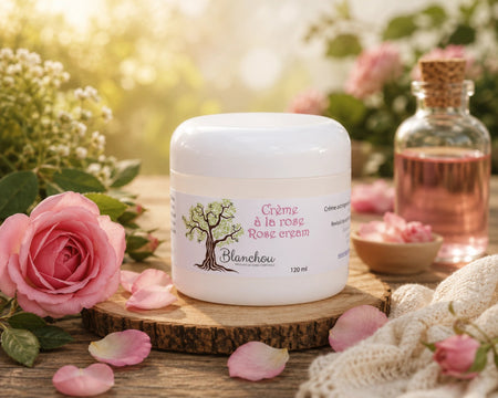 crème anti-âge artisanale fabriquée à Cowansville par La Savonnerie Blanchou, présentée dans un pot de 120 ml et dans un décor naturel lumineux avec huiles végétales et végétation fraîche.