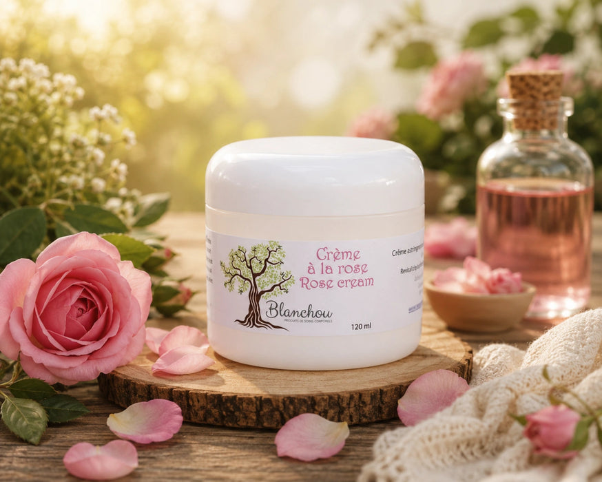crème anti-âge artisanale fabriquée à Cowansville par La Savonnerie Blanchou, présentée dans un pot de 120 ml et dans un décor naturel lumineux avec huiles végétales et végétation fraîche.