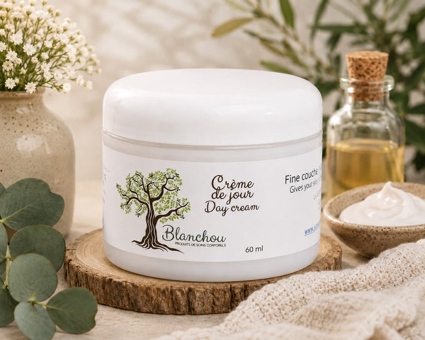 Crème de jour Blanchou 60 ml, soin hydratant pour le visage fabriqué artisanalement au Québec, présentée dans un décor naturel et apaisant.