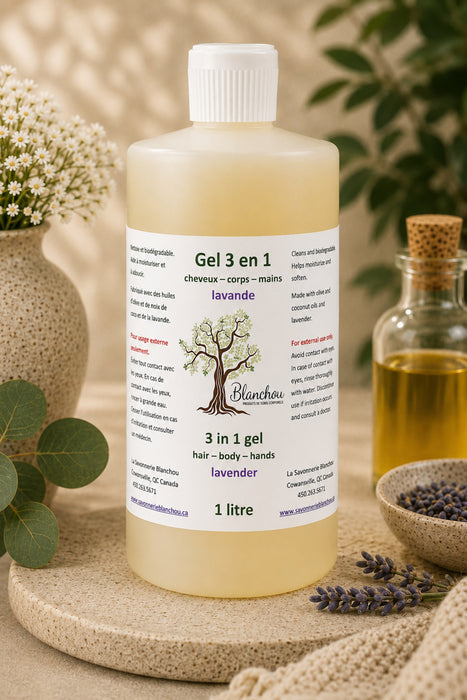Gel 3 en 1 lavande Blanchou, nettoyant doux pour cheveux, corps et mains, enrichi d'huiles végétales, format économique de 1 litre