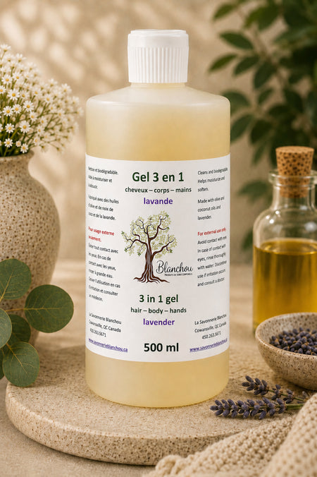 Gel 3 en 1 non parfumé Blanchou, nettoyant doux pour cheveux, corps et mains, enrichi d'huiles végétales, format économique de 500 ml
