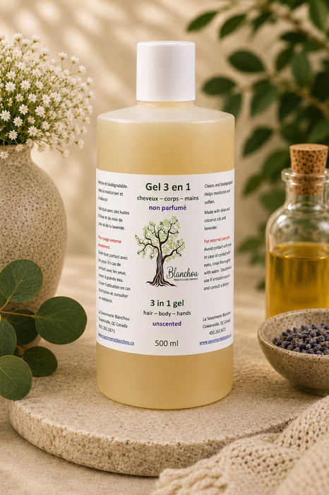 Gel 3 en 1 non parfumé Blanchou, nettoyant doux pour cheveux, corps et mains, enrichi d'huiles végétales, format économique de 500 ml