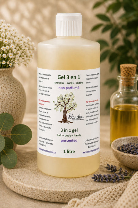 Gel 3 en 1 non parfumé Blanchou, nettoyant doux pour cheveux, corps et mains, enrichi d'huiles végétales, format économique de 1 litre