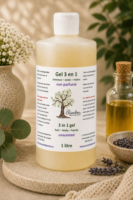 Gel 3 en 1 non parfumé Blanchou, nettoyant doux pour cheveux, corps et mains, enrichi d'huiles végétales, format économique de 1 litre
