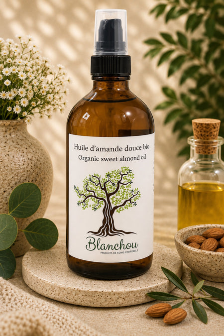 Huile d'amande douce biologique Blanchou présentée dans une bouteille ambrée de 118 ml avec pompe de soin, dans un décor naturel évoquant les soins de la peau et des cheveux.