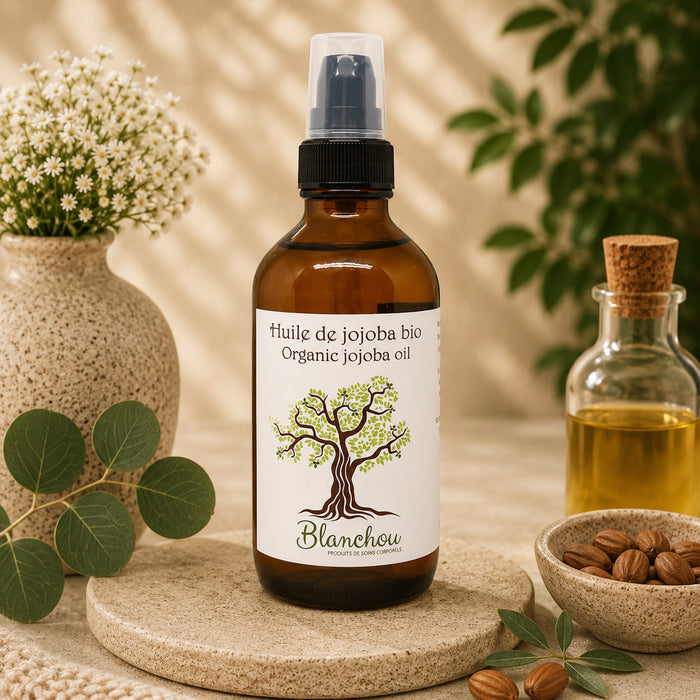 Huile de jojoba biologique Blanchou présentée dans une bouteille ambrée avec pompe de soin, dans un décor naturel évoquant les soins de la peau et des cheveux.