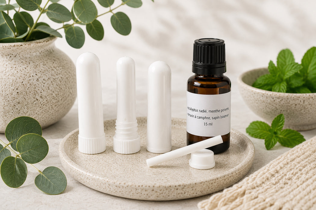 Inhalateur nasal aux huiles essentielles de menthe poivrée, eucalyptus radié, camphre et sapin baumier de La Savonnerie Blanchou, présenté avec son flacon d'huiles essentielles dans un décor naturel.