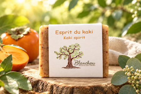 Savon artisanal esprit du kaki avec huile essentielle d'eucalyptus fait main par La Savonnerie Blanchou présenté sur plateau de bois
