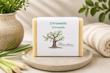 Savon artisanal à la citronnelle de La Savonnerie Blanchou présenté dans une ambiance naturelle avec tiges de citronnelle et décor apaisant