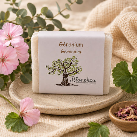 Savon artisanal au géranium de La Savonnerie Blanchou présenté dans une ambiance naturelle avec fleurs de géranium et feuillage apaisant
