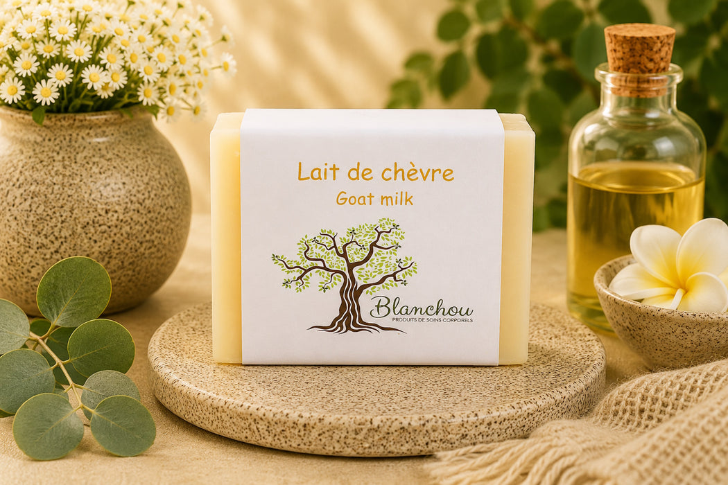 Savon au lait de chèvre artisanal de La Savonnerie Blanchou présenté dans un décor naturel lumineux avec huiles végétales et fleurs