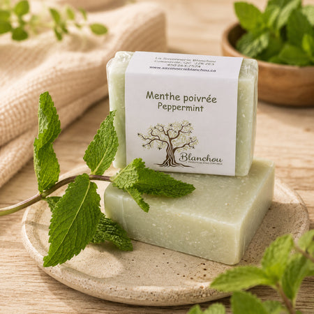 Savon artisanal à la menthe poivrée de La Savonnerie Blanchou présenté avec feuilles de menthe fraîche dans une ambiance naturelle apaisante
