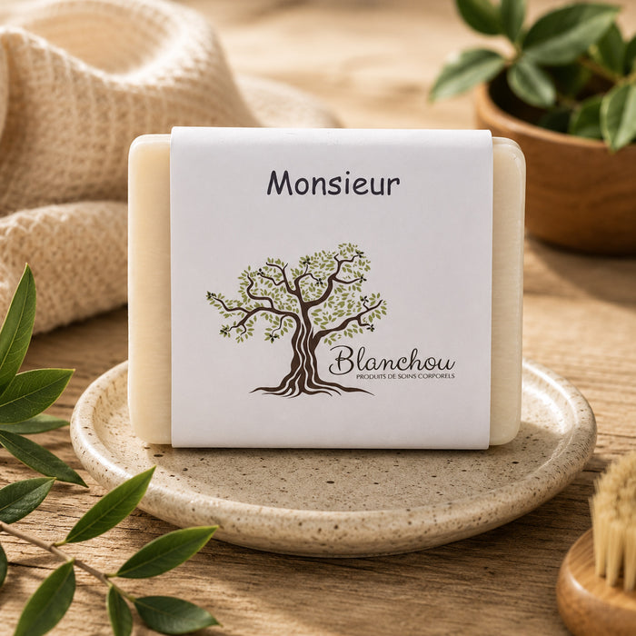 Savon Monsieur artisanal de La Savonnerie Blanchou présenté dans une ambiance naturelle élégante avec feuillage et lumière chaleureuse