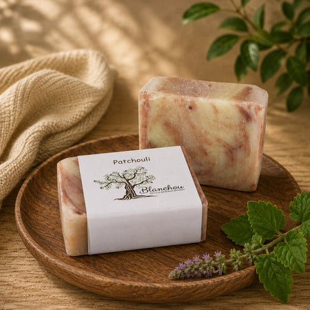 Savon artisanal au patchouli de La Savonnerie Blanchou présenté dans une ambiance naturelle chaleureuse aux tons rougeâtres inspirés del'huile essentielle de patchouli