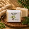 Savon artisanal au sapin baumier de La Savonnerie Blanchou présenté avec branches de conifère dans une ambiance naturelle chaleureuse