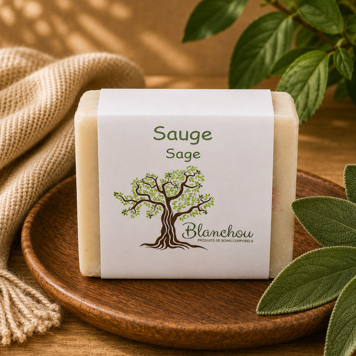 Savon artisanal à la sauge de La Savonnerie Blanchou présenté avec feuilles de sauge dans une ambiance naturelle chaleureuse