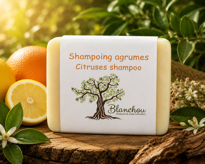 Shampoing solide aux agrumes de La Savonnerie Blanchou présenté dans une ambiance naturelle chaleureuse avec citron et orange