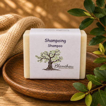 Shampoing solide artisanal de La Savonnerie Blanchou présenté dans une ambiance naturelle chaleureuse avec feuillage et lumière douce